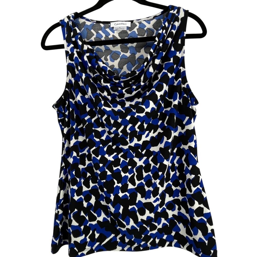 Calvin Klein Womens Sleeveless Cowl Neck Top Blue/Black/White Animal Print M